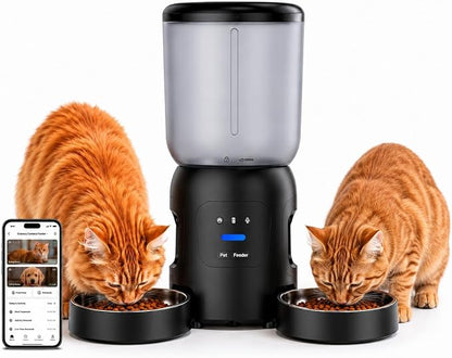 Automatic Cat Feeder with Camera, Dual Bowl 6L WiFi Pet Feeder | Dual 2K Cameras, Two Stainless Steel Bowls, AI Motion Tracking, App Control, 2-Way Audio, Dual-Band WiFi, 6L Capacity