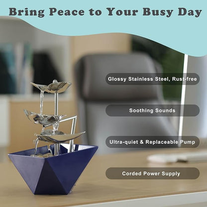 Trilogy Tabletop Fountain with 3-Tier Stainless Steel Waterfall | Handcrafted Design, Adjustable Water Flow & Smart Pump for Modern Home Decor
