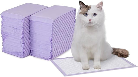 Amazon Basics Cat Pee Pads, Odor Control, Super Absorbent, Disposable, Universal Fit for Litter Box, Lemon Scent, White/Purple, 60 Count