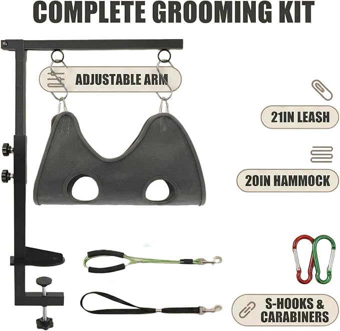 Dog Grooming Arm Kit with Hammock Sling for Small to Medium Dogs Up to 40lbs, Anti-Shake Pet Grooming Helper for At-Home Nail Trimming, Adjustable Arm with Soft Harness