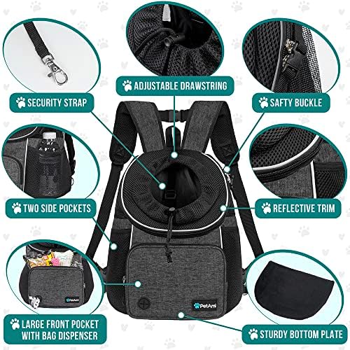 PetAmi Adjustable Chest Carrier Backpack for Dogs & Cats, Ventilated, Hiking & Camping, Up to 15 lbs, Dark Gray