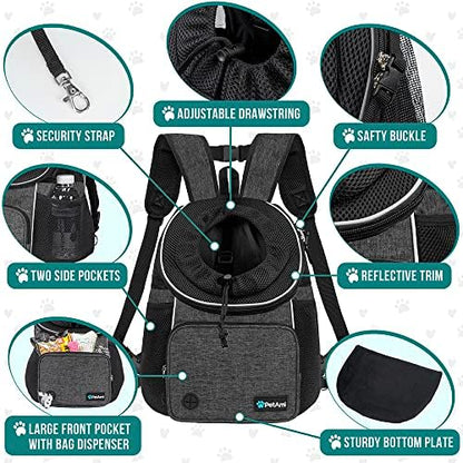 PetAmi Adjustable Chest Carrier Backpack for Dogs & Cats, Ventilated, Hiking & Camping, Up to 15 lbs, Dark Gray