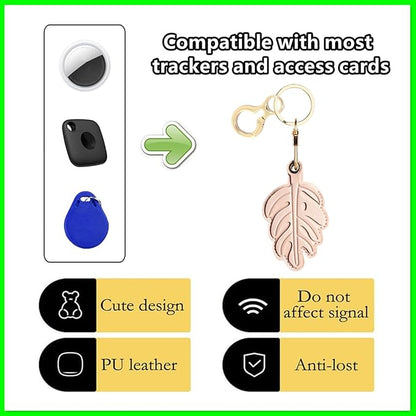 Leather Keychain Holder Case Compatible with AirTag,Cute Protective Cover with Keyring,Anti-Scratch Finder GPS Tracker Case for Wallet Keys,Bag,Pets,Backpack(Pink Leaves)