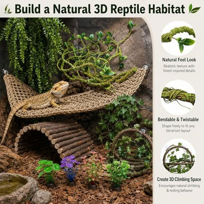 RUNANIA Bearded Dragon Tank Accessories, 10 PCS Reptile Hammock Plants Bridge Jungle Climber Vines for Snakes Bearded Dragon Chameleon Gecko Lizard