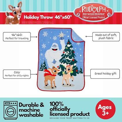 Rudolph The Red Nose Reindeer Kids Holiday Christmas Bedding Super Plush Cozy Throw, 46 in x 60 in, (Officially Licensed Product) By Franco