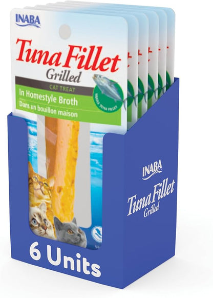 INABA Premium Hand-Cut Grilled Tuna Fillet Cat Treats/Topper with Vitamin E and Green Tea Extract, 0.52 Ounces Each, Pack of 6, Homestyle Broth