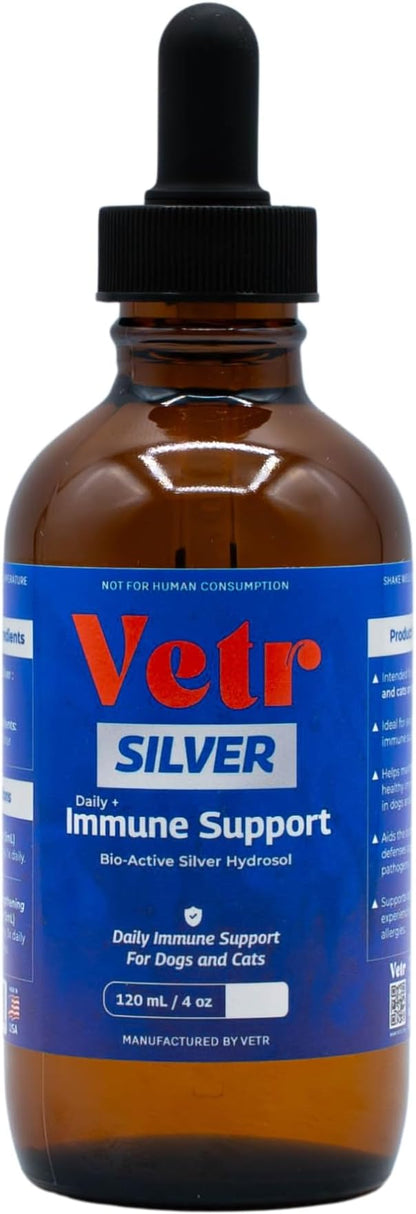 Vetr Silver Immune Support for Dogs and Cats, 4oz/120mL Liquid in Amber Bottle with Oral Dropper, Professional Grade Colloidal Silver Supplement for Daily Wellness and Seasonal Defense