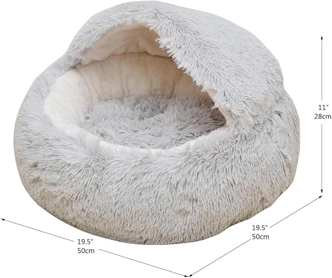 PetPals Round Cat Bed with Hoodie Cover and Removeable Washable Cushion, Super Soft Faux Fur Pet Bed for Puppy and Kitten with Anti-Slip Bottom (Faux Fur Igloo)