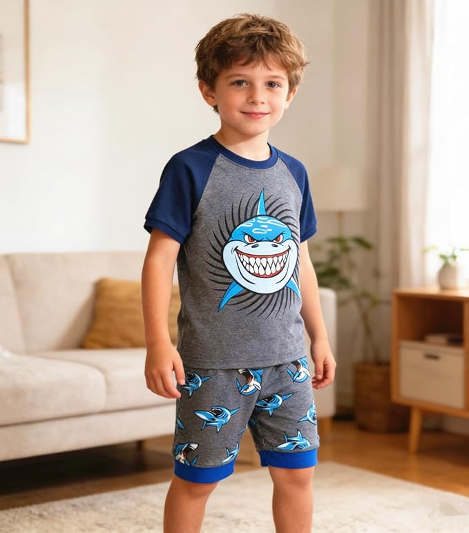 Popshion Boys Pajamas 100% Cotton Toddler Clothes Summer Pjs for Boy Planet Dinosaur Sleepwear Kids Short Sets 2-10 Years