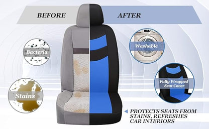 Universal Car Seat Covers for Front Seats, Cloth Front Car Seat Cover, Easy to Install, Breathable and Washable Universal Interior Covers for Auto, SUV, Sedan, Van, Airbag Compatible, Black & Blue
