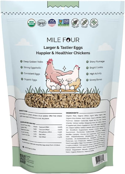 Mile Four Organic Chicken Feed – Grower Pellet, Non-GMO, USA Grown, 18% Protein, Corn-Free, Soy-Free, Non-Medicated Feed for Chickens, 2 lb Sample