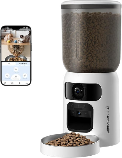 Automatic Cat Feeder with Two Camera: 5G WiFi Automatic Dog Feeder with Laser Pointer, 6L Automatic Cat Food Dispenser with Night Vision for Multiple Pet, Detachable for Easy Clean -24 Cup