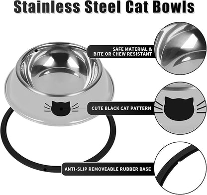 Serentive 2 Pcs Non-Slip Stainless Steel Small Cat Food Bowls - Unbreakable, Thicken 7 Oz Cat Dishes - Indoor, Removable Rubber Base, Easily Clean, Lovely Color