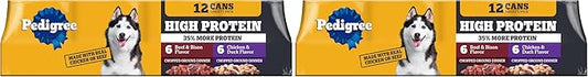 Pedigree High Protein Wet Dog Food,Adult Soft Canned Dog Food Variety Pack,Chicken Duck & Beef Bison Flavor,13.2 oz. Cans,12 Count (Pack of 2)