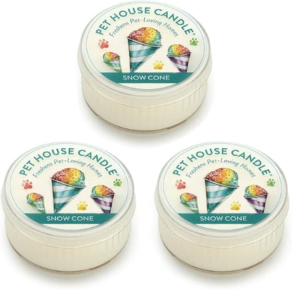 Pet House Mini Candles for Pet Odor Made with Natural Soy Wax, Plant Based, Dog and Cat Friendly Scented, Snow Cone Pack of 3