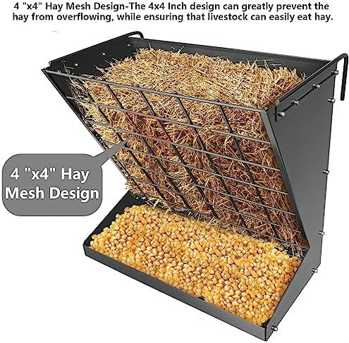 Wall Mount Hay Rack, Metal 2 in 1 Hay and Grain Feeder
