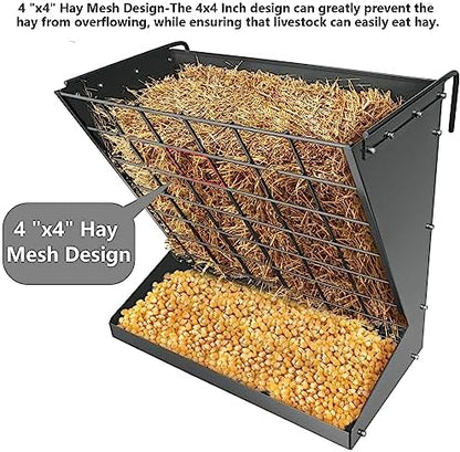 Wall Mount Hay Rack, Metal 2 in 1 Hay and Grain Feeder