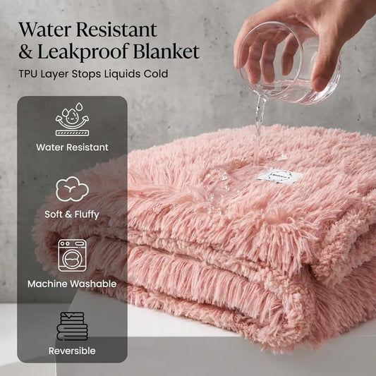 Waterproof Dog Blanket Pet Throw Blankets Fluffy Long Faux Fur Reversible Puppy Blankets 85x57in Furniture Protector Cover for Sofa Bed Couch Bed Cover Washable for Dogs Cats (Pink XL)