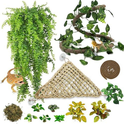 PINVNBY 14 PCS Reptile Plants Sets, Bearded Dragon Hammock, Terrarium Hanging Plant Vines Artificial Leaves, Reptile Habitat Climbing Decorations for Chameleons, Lizards, Geckos, Snakes