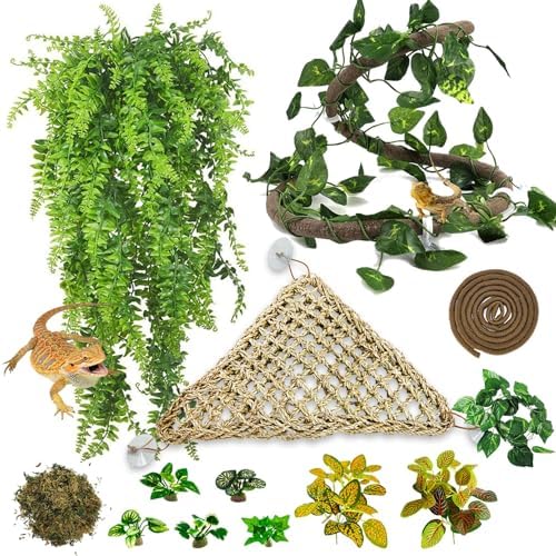 PINVNBY 14 PCS Reptile Plants Sets, Bearded Dragon Hammock, Terrarium Hanging Plant Vines Artificial Leaves, Reptile Habitat Climbing Decorations for Chameleons, Lizards, Geckos, Snakes
