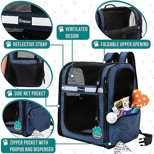 PetAmi Dog Backpack Carrier for Cats, 4-Way Entry Ventilated, 18 lbs, Blue