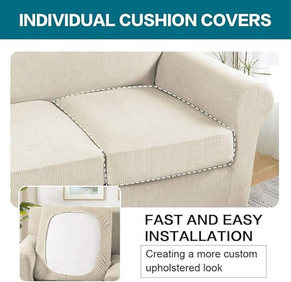Turquoize 4 Piece Sofa Covers for 3 Cushion Couch Sofa Slipcover Soft Couch Cover for Dogs Washable Furniture Cover with 3 Individual Large Cushion Covers Feature Fabric (Large Sofa, Biscotti Beige)