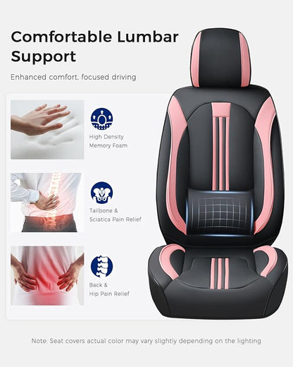 Huidasource Seat Covers, Nappa Leather Car Seat Cover with Lumbar Support, Ventilation Holes, Velcro Adjustable, Airbag, Full-Coverage Seat Covers, Universal Fit for Most Cars SUV Trucks, Black＆ Pink