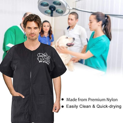 Noverlife Short Sleeves Pet Grooming Work Clothes with Full Zipper, XL Size, Splash Proof Anti-Static Pets Beautician Smock, Dog Cat Groomer Cosmetologist Uniforms for Pet Shop Men Women