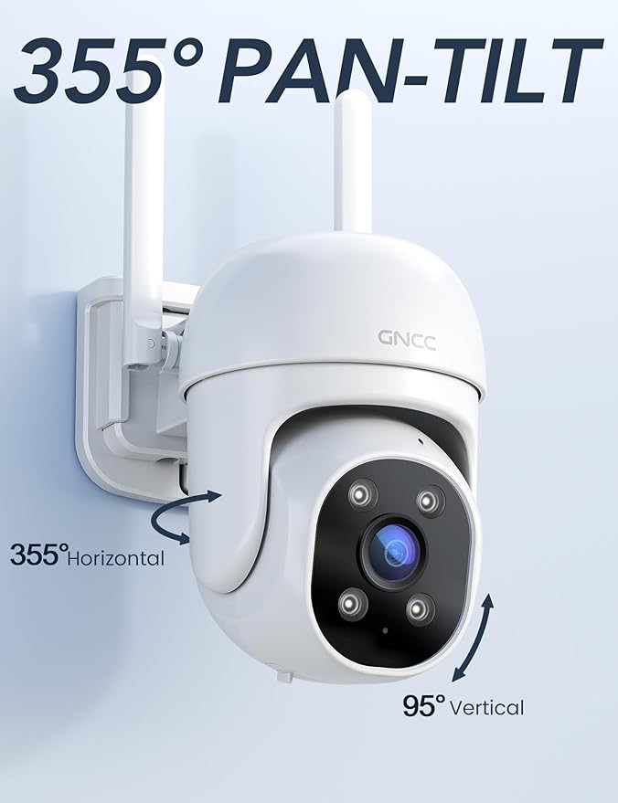 GNCC 2.4GHz Outdoor Security Camera, Plug-in Wired Cameras for Home Security, 355° PTZ Camera with 1080P Color Night Vision, Motion Detection, 2-Way Audio, Cloud Storage Subscription Required(1-Pack)