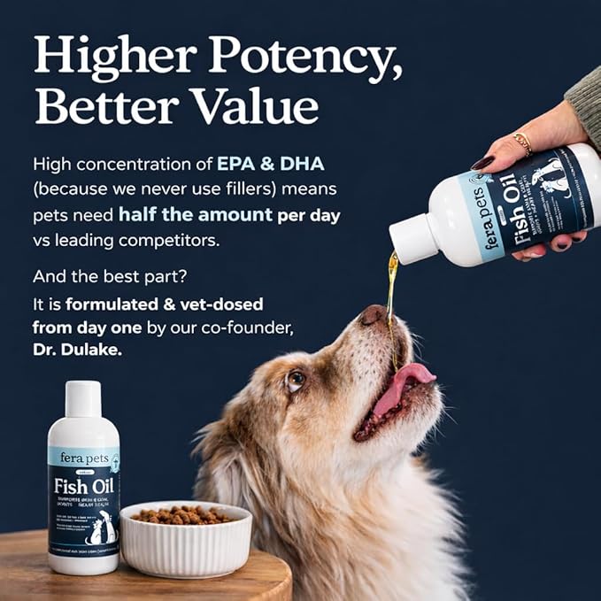 Fera Pets Fish Oil - Omega 3 for Dogs & Cats to Support Joints, Heart, Skin and Coat Health - Non GMO with Vitamin E - 8 oz