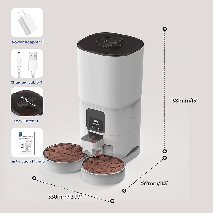 PAPIFEED Automatic Cat Feeder 2 Cats, 2.4G WiFi Cat Food Dispenser with App Control, 7L Slow Feed Timed Cat Feeders for Dry Food, 10 Meals/Day, 12 Portions/Meal, Dual Power Supply, White