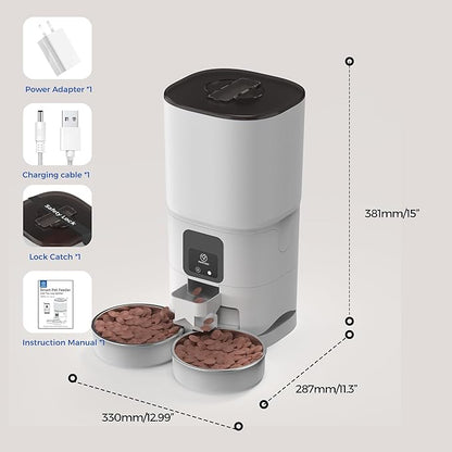 PAPIFEED Automatic Cat Feeder 2 Cats, 2.4G WiFi Cat Food Dispenser with App Control, 7L Slow Feed Timed Cat Feeders for Dry Food, 10 Meals/Day, 12 Portions/Meal, Dual Power Supply, White