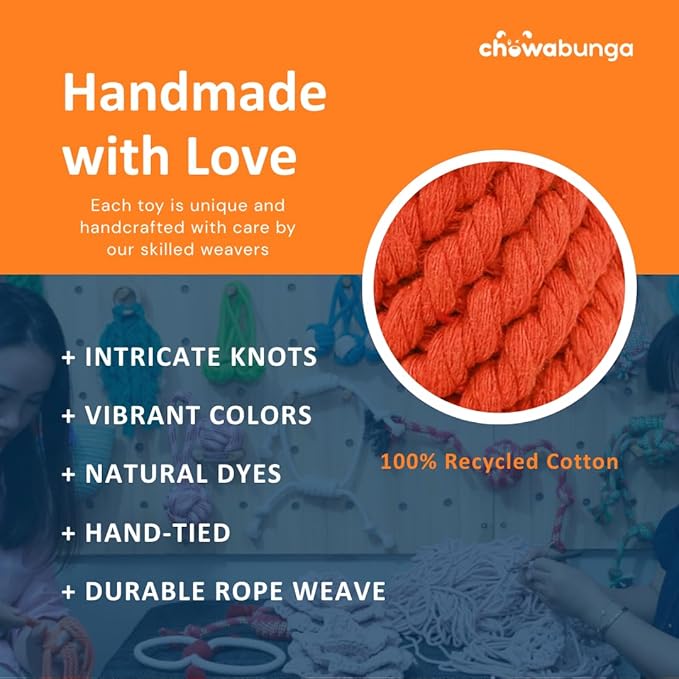 Bucky The Squirrel Dog Toy Handmade Eco Cotton Rope Squirrel Toy for Dogs - Natural, Non-Toxic Dyes, Dog Chew Toys for Small & Medium Breed Dogs, Cats (Small)