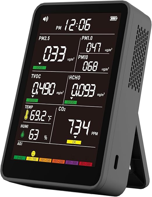 Professional Indoor Air Quality Monitor with AQI Alerts, Portable Real-Time Detector for Home, Car, Plants & Pets