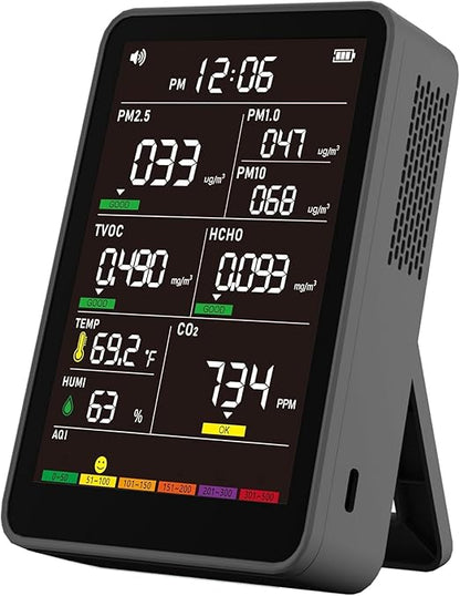 Professional Indoor Air Quality Monitor with AQI Alerts, Portable Real-Time Detector for Home, Car, Plants & Pets