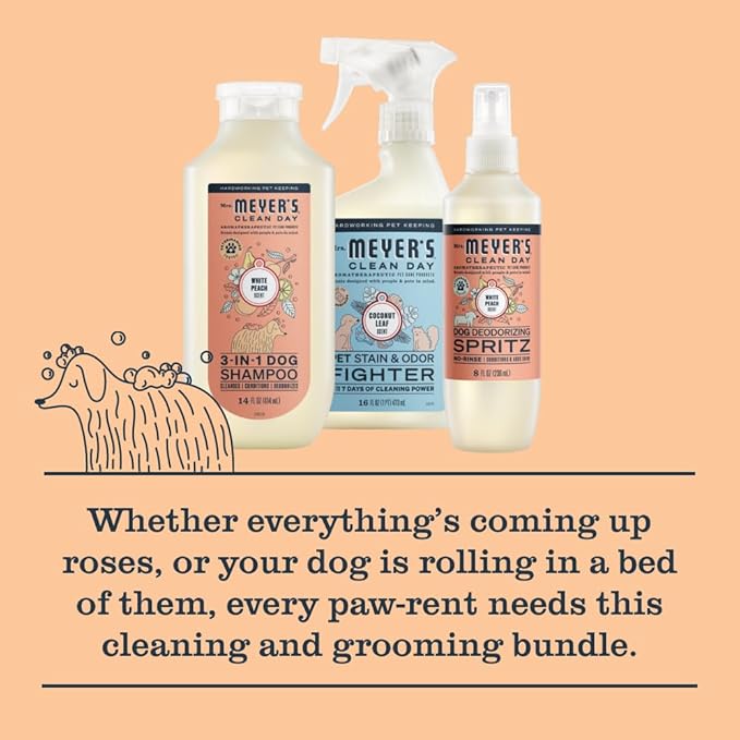 Mrs. Meyer's Clean Day Dog Care Kit, Includes 3in1 Dog Shampoo - White Peach, Dog Deodorizing Spritz - White Peach and Pet Stain & Odor Fighter - Coconut Leaf