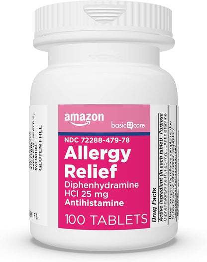Amazon Basic Care Allergy Relief Diphenhydramine HCl 25 mg, Antihistamine Tablets for Symptoms Due to Hay Fever and Upper Respiratory Allergies, Mini-Tabs, 100 Count