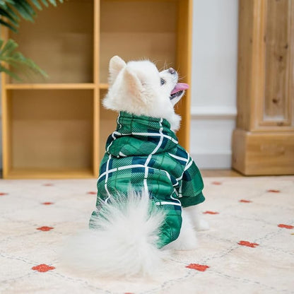EXPAWLORER Plaid Dog Hoodie - British Style Warm Dog Sweater Shirt with Leash Hole,Pitbull Clothes Outfits,Winter Coat Apparel for All Breeds Puppy Girl Boy-Cat Apparel,Green S-Medium