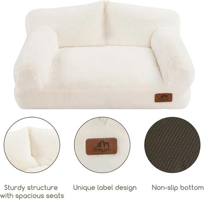 Hollypet Fluffy Dog Cat Bed Pet Couch Beds Plush Soft Warming Washable Puppy Bed for Small Medium Dogs and Large Cats, White, 24" L x 18" W x 10" Th