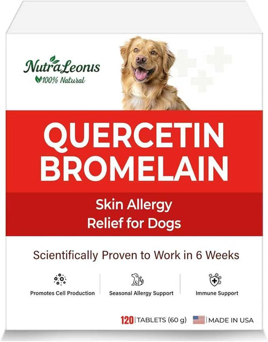 Quercetin for Dogs with Bromelain, Soothe Itchy Skin, Ear Infections, Seasonal Allergies, Immune Boost & Supports Healthy Digestion，Natural Formula – 120 Tablets