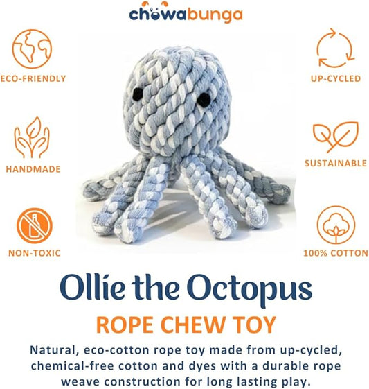 Ollie the Octopus Dog Toy Tough 4 Inch Handmade Eco Cotton Rope Dog Toy Octopus with Natural, Non-Toxic Dyes - Dog Octopus Toy for Small Dogs (Blue, Small)