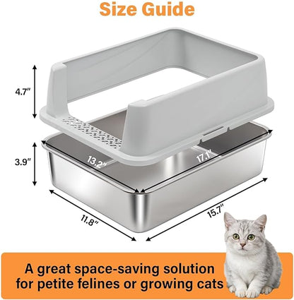 Stainless Steel Cat Litter Box, Metal Litter Box with High Sides Lid for Kittens, Medium Cat, Include Scoop and Mat, Non-Sticky, Anti-Leakage, Easy to Clean, M