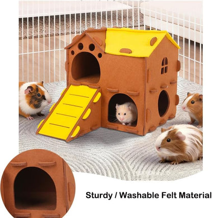 Felt Guinea Pig Hedgehog Hamster Ferret House, 2 Layer with Window Slider, Cozy Small Animal Hideout