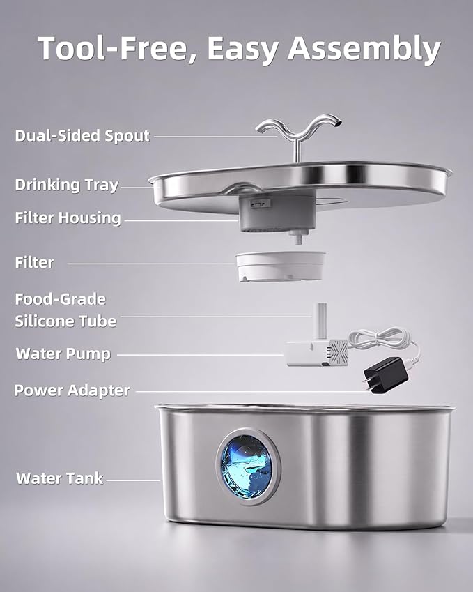8L/270oz/2Gallon Stainless Steel Dog Water Fountain Pet Fountain | Automatic Pet Water Dispenser - Self-Designed Filtration System - Ultra-Quiet Pump - Easy Cleaning & Maintenance (6 Filters)