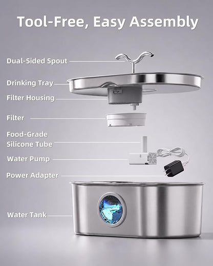 8L/270oz/2Gallon Stainless Steel Dog Water Fountain Pet Fountain | Automatic Pet Water Dispenser - Self-Designed Filtration System - Ultra-Quiet Pump - Easy Cleaning & Maintenance (6 Filters)