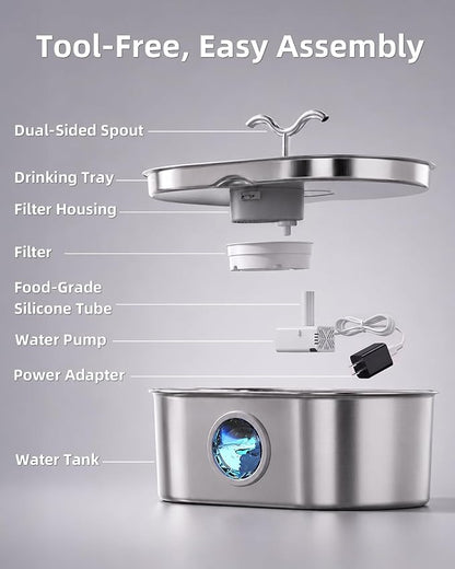 8L/270oz/2Gallon Stainless Steel Dog Water Fountain Pet Fountain | Automatic Pet Water Dispenser - Self-Designed Filtration System - Ultra-Quiet Pump - Easy Cleaning & Maintenance (3 Filters)