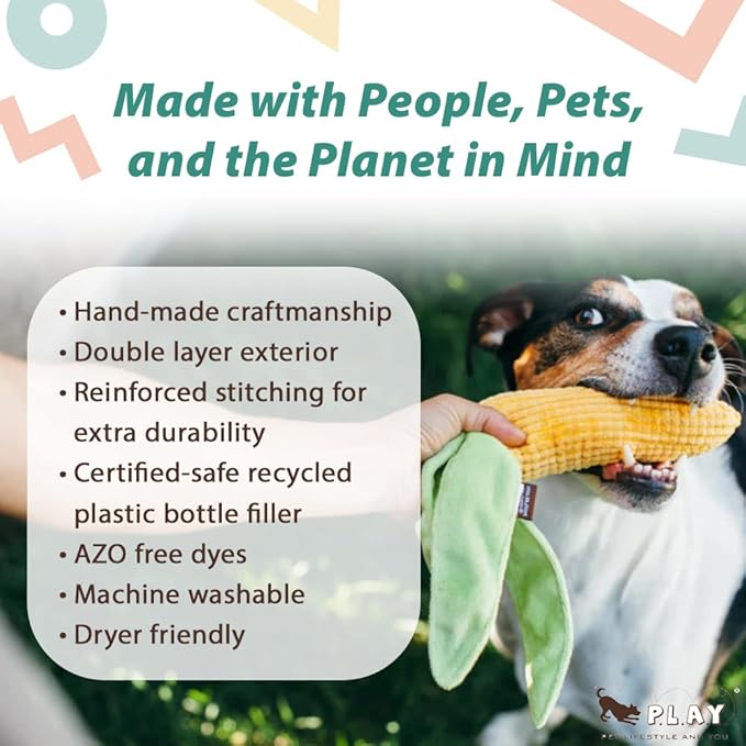 P.L.A.Y. Cute Plush Dog Toys - Vegetable Themed Durable Squeaker Crinkle Plush Chew Toy, Great for Puppies & Small, Medium, Large Dogs - Machine Washable, Recycled Materials (Farm Fresh Corn)