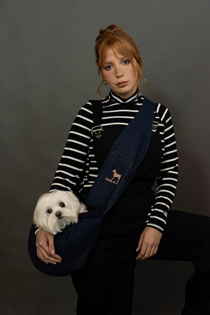 Noah & Paw Dog Sling Carrier for Small Dogs 5-18lb, Dog Sling for Small Dogs and Cats, Dog Carrier with Adjustable Padded Strap, Vegan Denim Lined with Fur, 3X Safety Features, Machine Washable