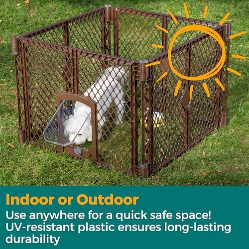 MyPet North States Petyard Passage: 4-Panel Folding Dog Playpen Indoor or Outdoor. 7 sq. ft. Puppy Playpen, Lockable Pet Door. Freestanding Play Pen Dog Gate. Made in USA. 26" Tall, Brown