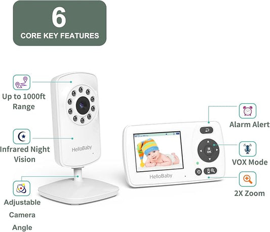 HelloBaby HB30 Video Baby Monitor with Digital Camera and Audio, No WiFi No App Safety Baby Monitor, 8 Languages, Auto Night Vision, 1000ft Transmission Range, 2.4 inch Portable Screen